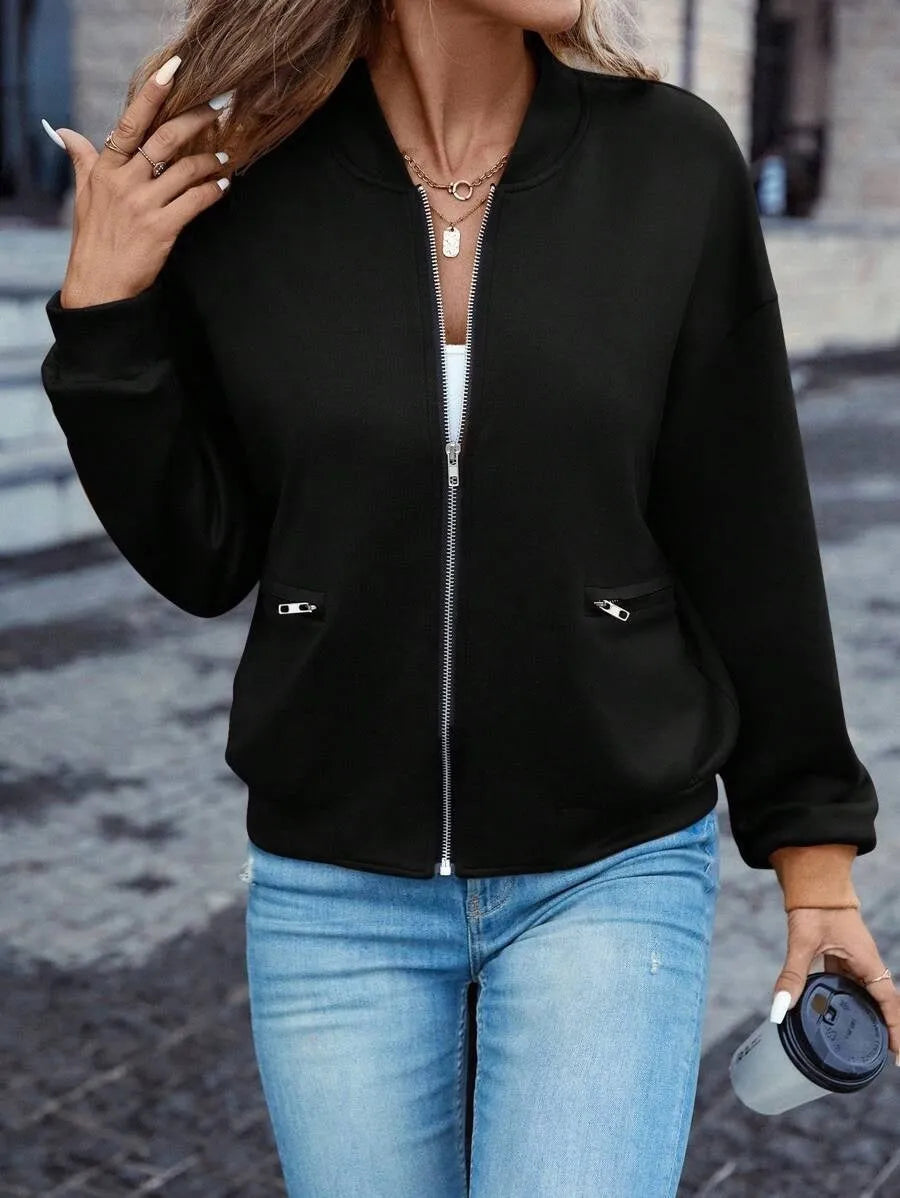 Black women's casual zip jacket with long sleeves and faux pockets