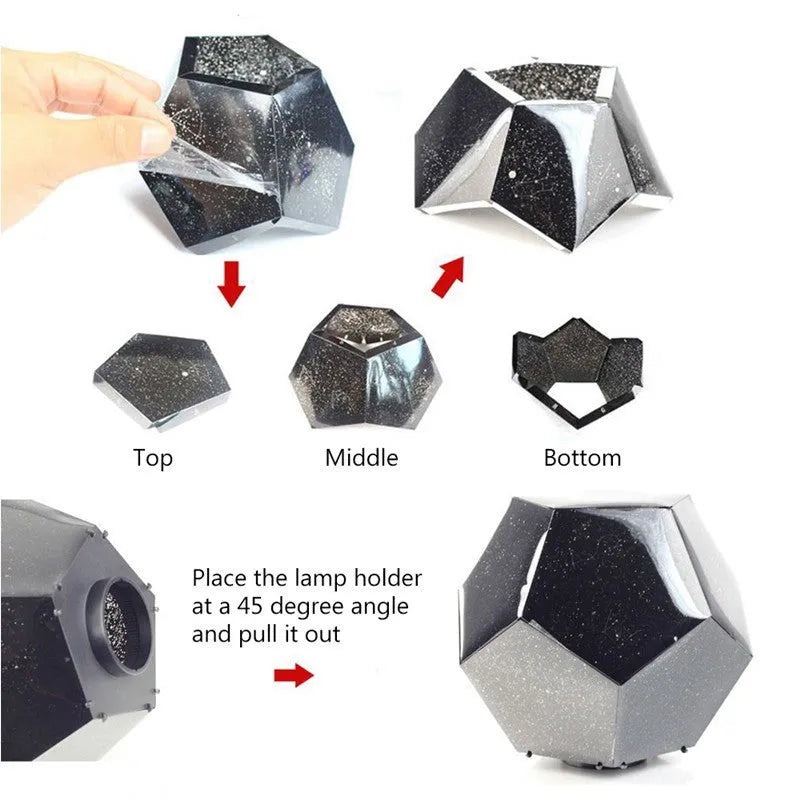 LED star projector showing constellation projection on bedroom ceiling with remote control