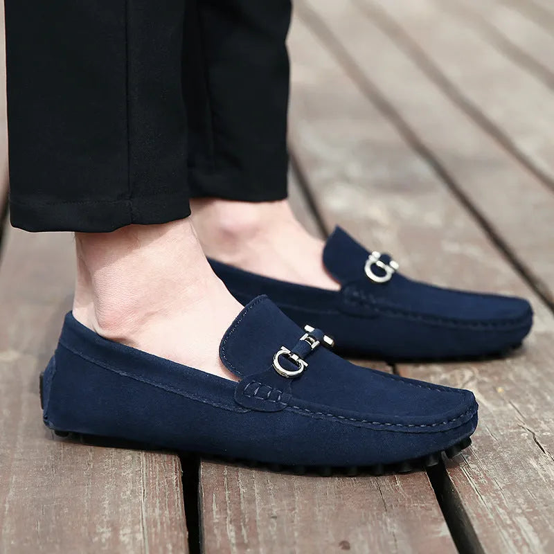 Men's black slip-on leather shoes with square toe and decorative stitching
