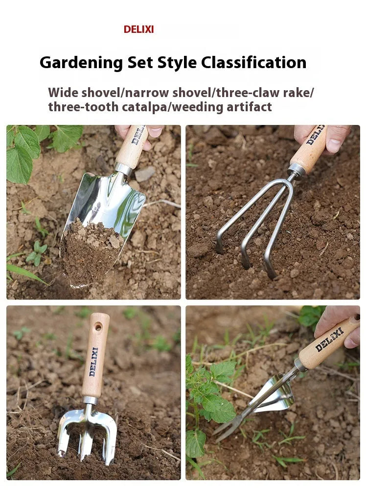 Gardening tool set with stainless steel shovels and rake, solid wood handles