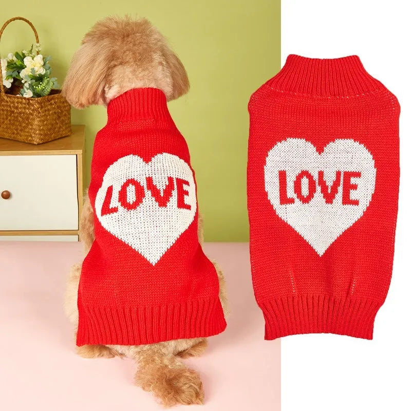 Acrylic knit dog sweater with bow and heart design in various colour patterns