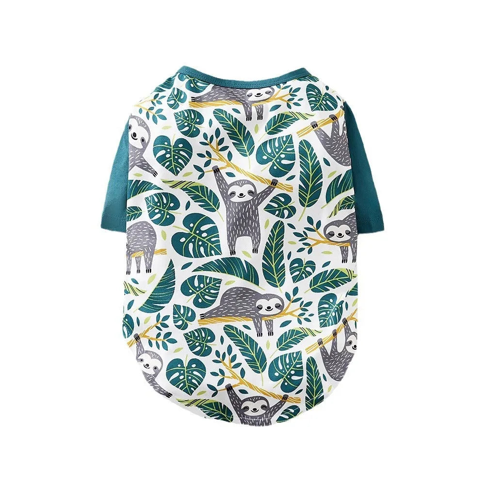 Small dog wearing a printed casual polyester T-shirt, showing the full-print design and fit.