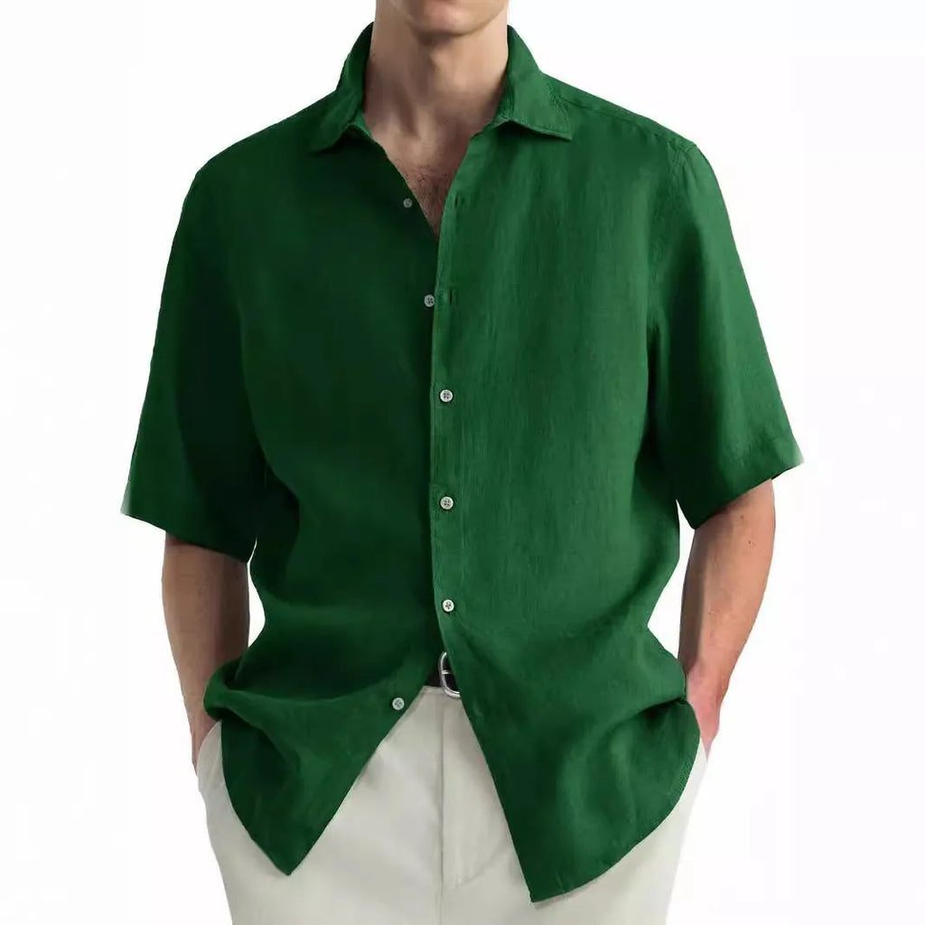 Green men's casual cardigan shirt made from washed cotton, shown on a model.