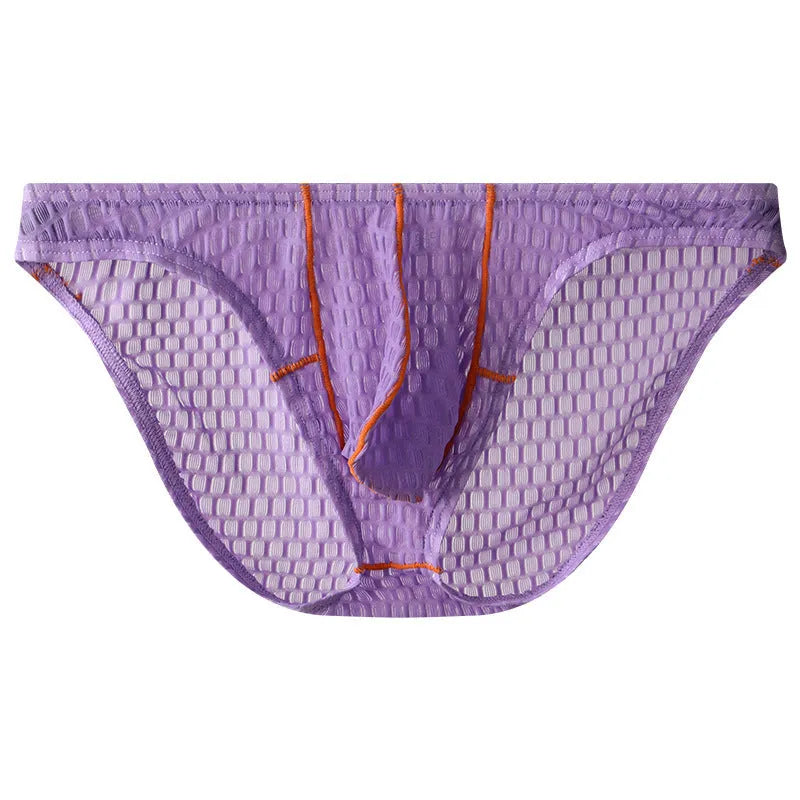 Men's white ice silk lace low waist briefs on a plain background