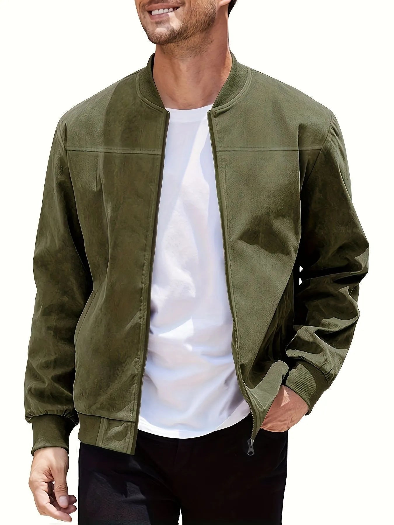 Man wearing a men's plus size suede casual jacket in army green with a zipper front.