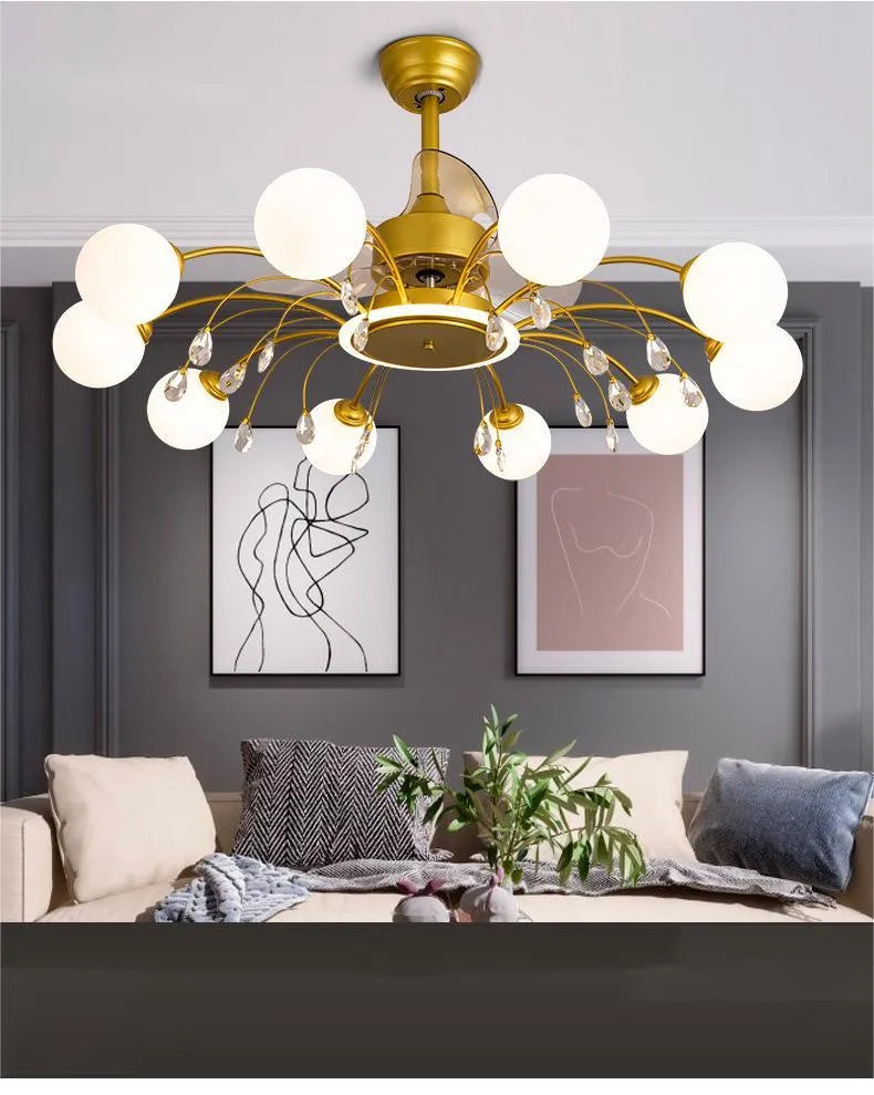 Modern black and gold ceiling fan chandelier with light bulbs and metal blades, remote control.