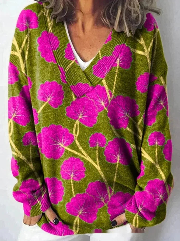 Women's long sleeve V-neck sweatshirt with a printed 3D floral pattern in retro style.