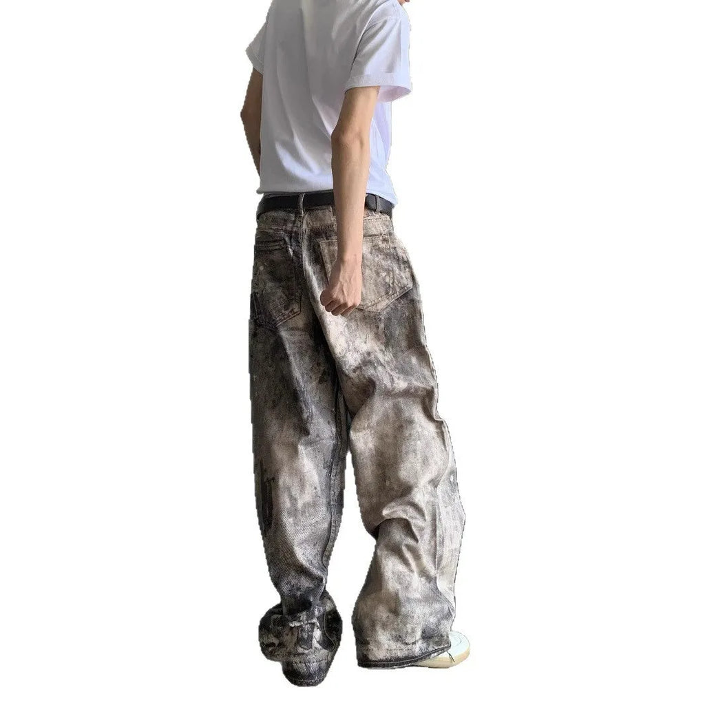 Men's yellow digital camouflage printed denim trousers straight leg casual cotton