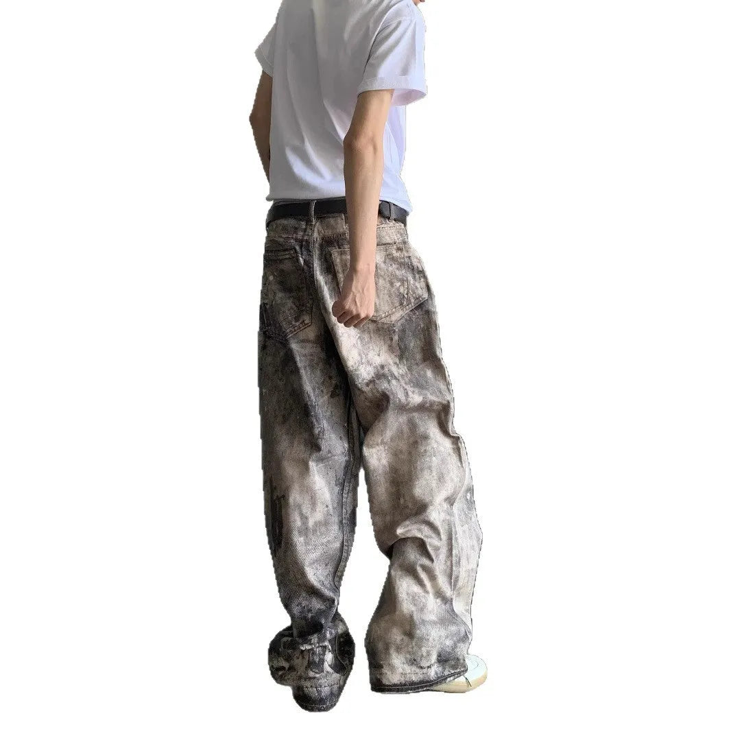 Men's yellow digital camouflage printed denim trousers straight leg casual cotton