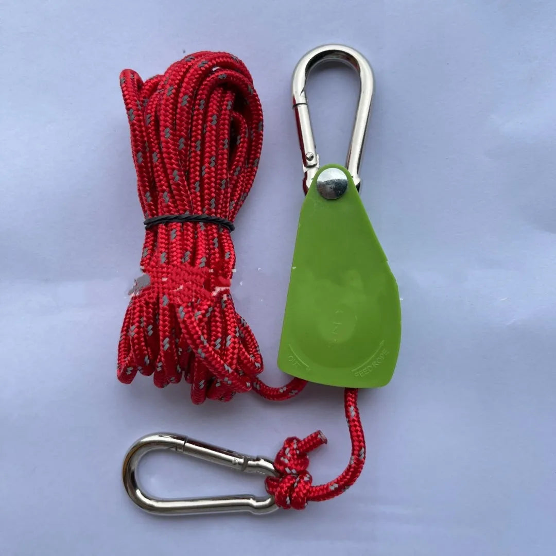 Metal and nylon outdoor camping tent rope pulley adjuster in army green with 4mm guy rope, 4M length