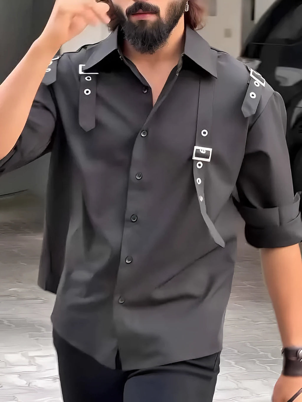 Men's black utility-style button-up shirt with a regular fit on a model.