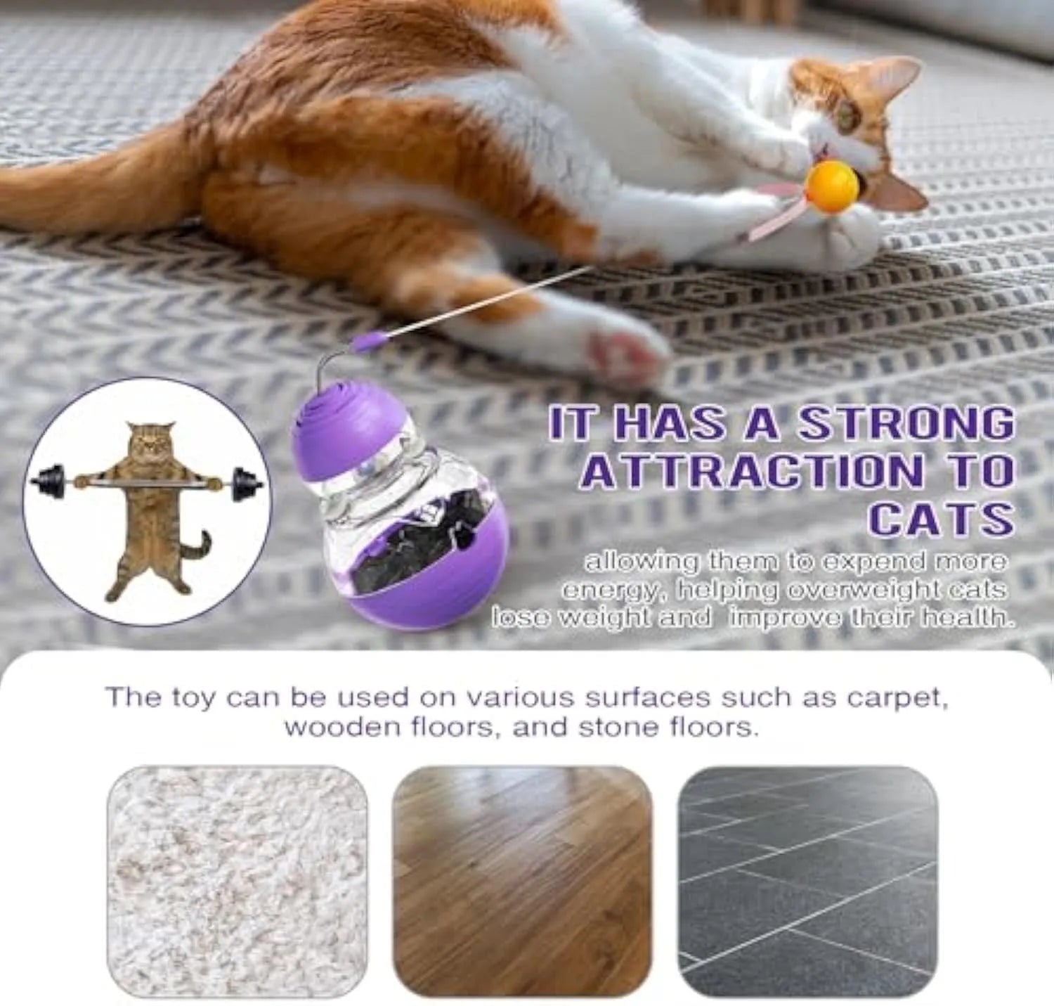Electric yellow cat wand toy with teaser stick, plastic ball and slow feed dispenser on rocking base