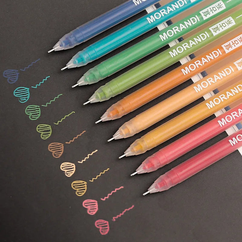 Set of nine retro-style gel pens with 0.5mm needle tips in various solid colours for student notes