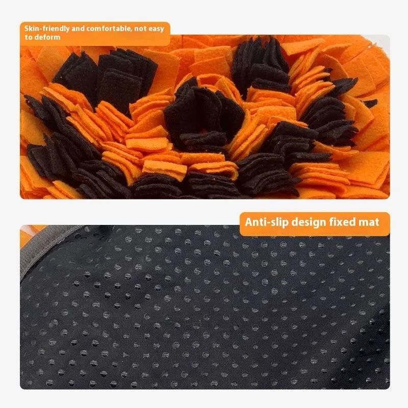 Orange polar fleece dog training mat for slow feeding and scent work, measuring 25 by 34 cm.
