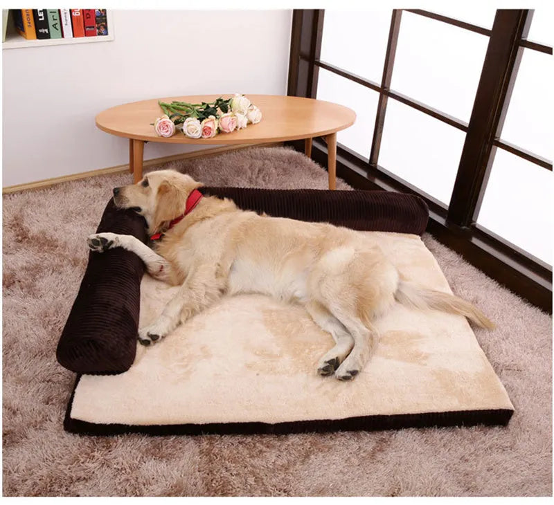 Corduroy pet sofa bed in grey colour with unilateral bolster, showing high-density sponge padding and non-slip base.