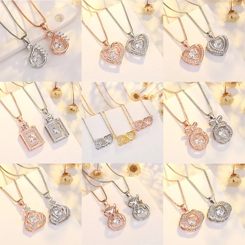 Heart-shaped pendant necklace with crown and bow design in rose gold or silver finish