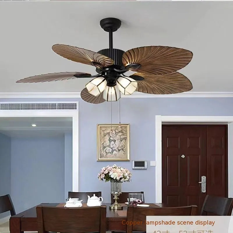 52-inch retro style ceiling fan light with wooden blades and integrated three-light fixture