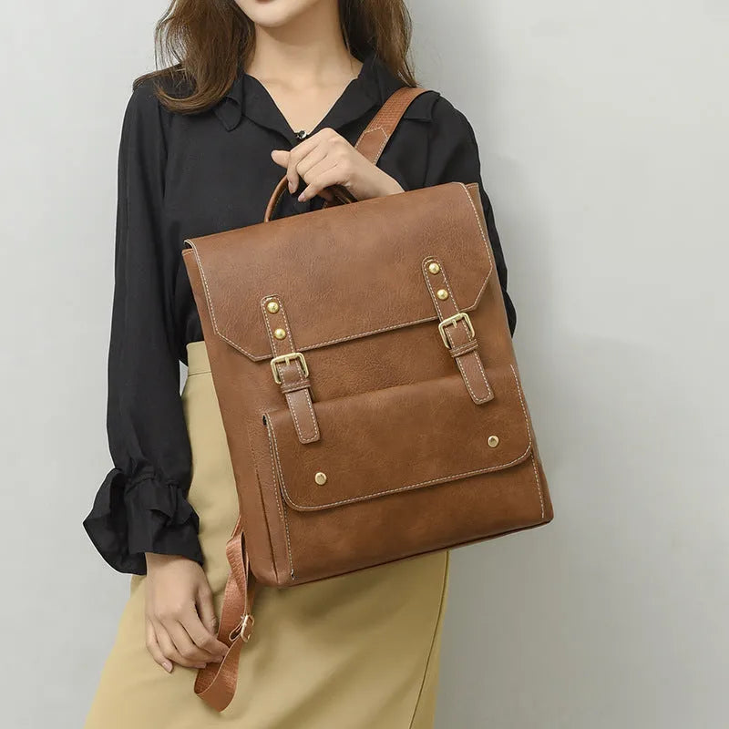 Korean style retro simple backpack in soft PU material showing ventilation features and available colour options