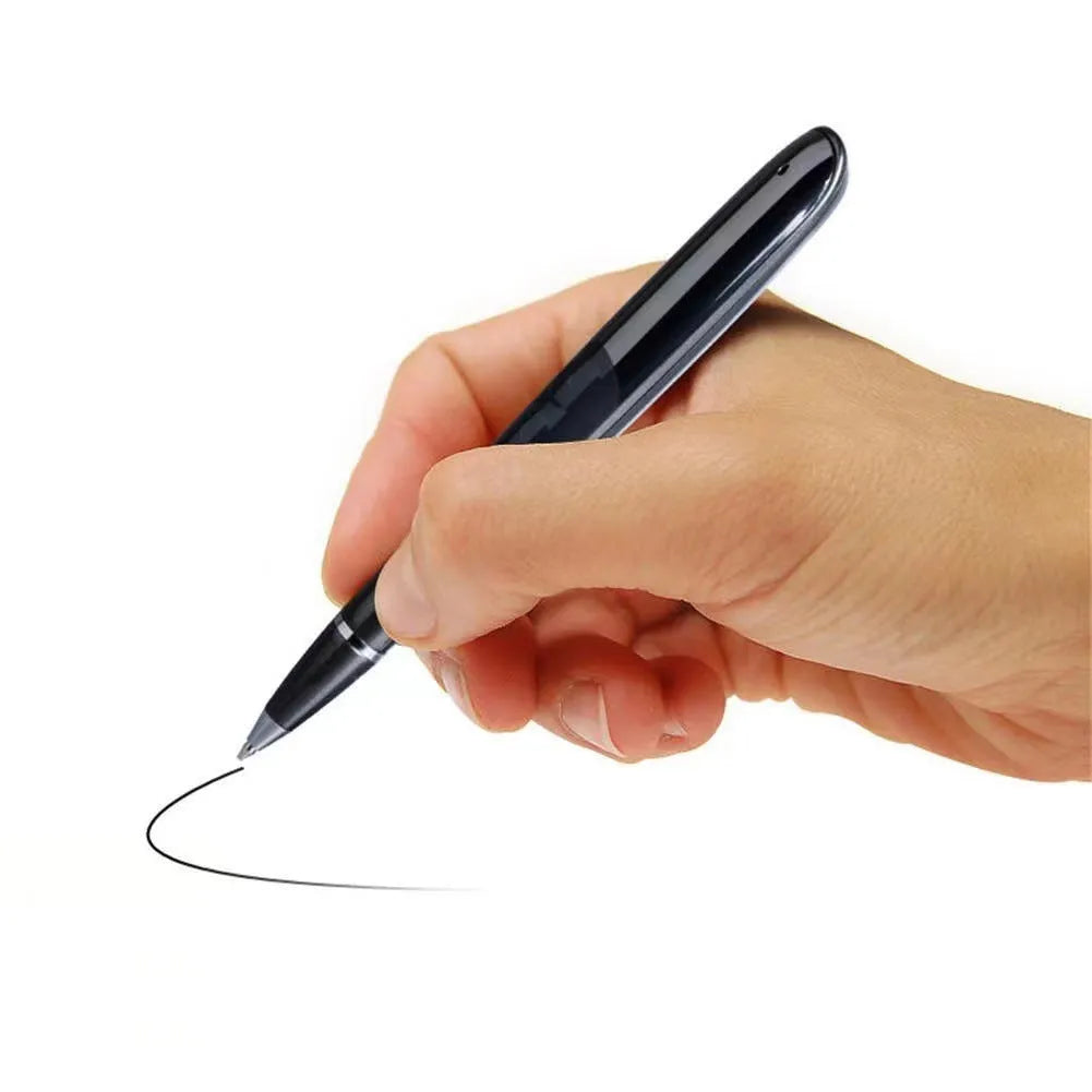 Black and silver lossless recording pen with OLED display screen on a zinc alloy pen-shaped body.