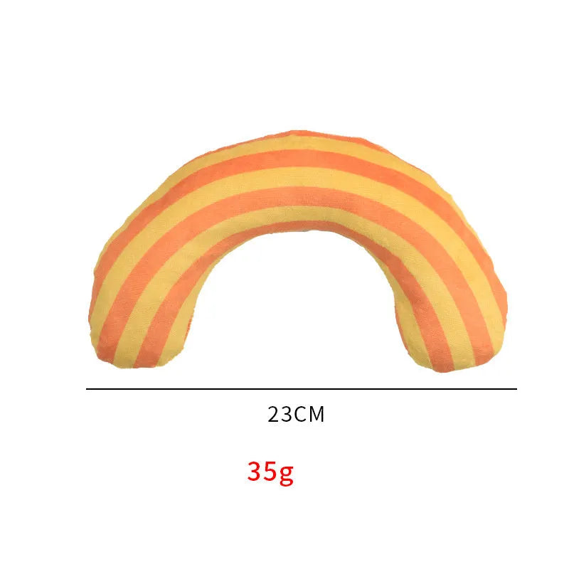 Striped pattern cat pillow toy with built-in catnip strip measuring 23x20cm
