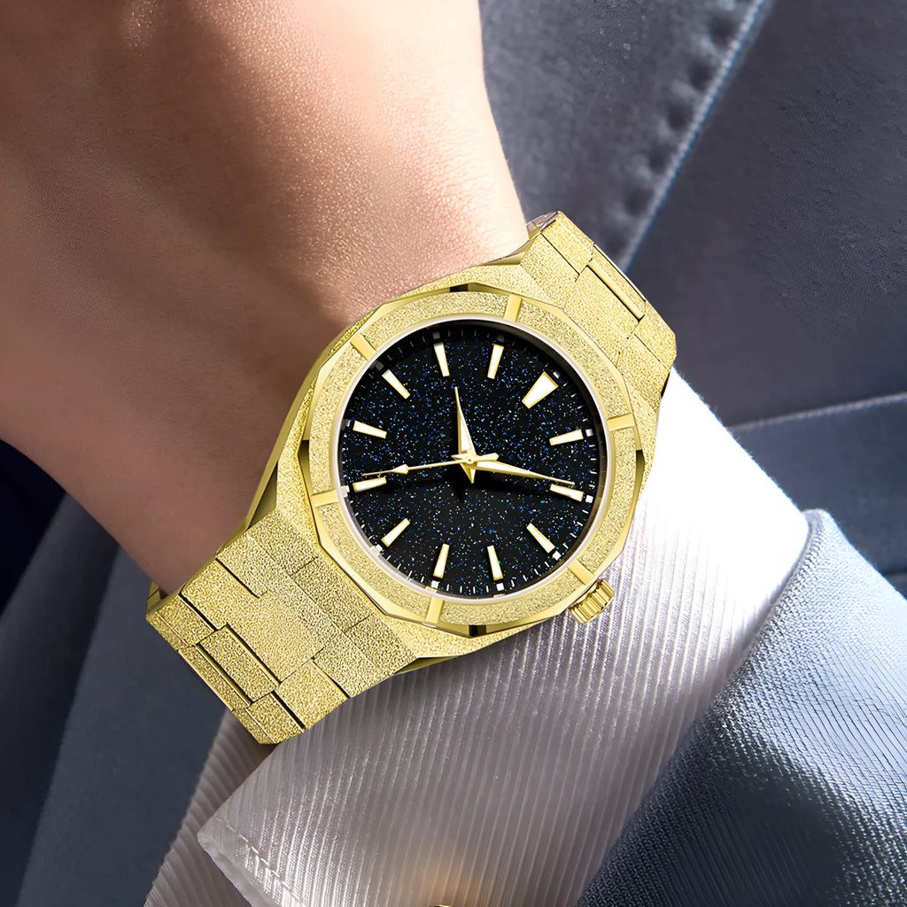 Stainless steel men's business watch with frosted case and luminous markers in black, gold, and silver colours