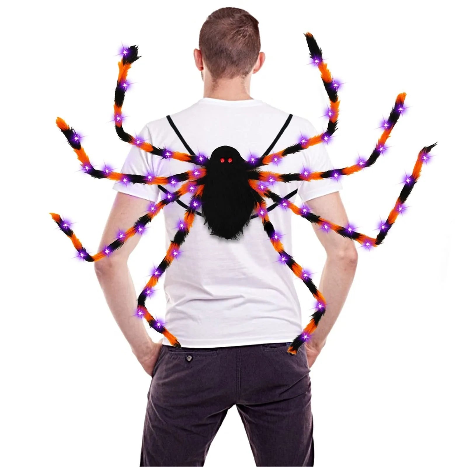 Halloween spider backpack with LED lights in plush sugar bag design showing orange colour option