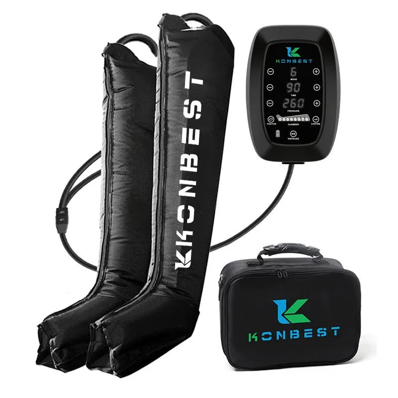 Eight-cavity air wave leg massage machine in black with leg guard and host unit