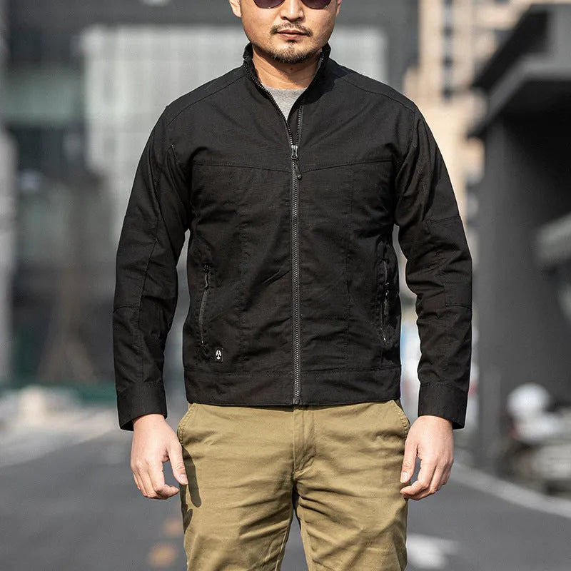 Men's brown polyester tactics assault jacket with camouflage pockets on a mannequin.