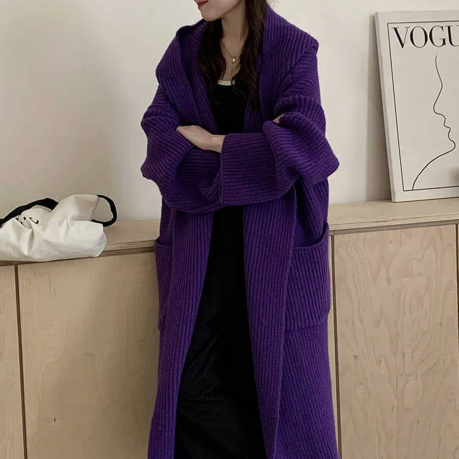Women's loose hooded cardigan coat with raglan sleeves in acrylic fabric