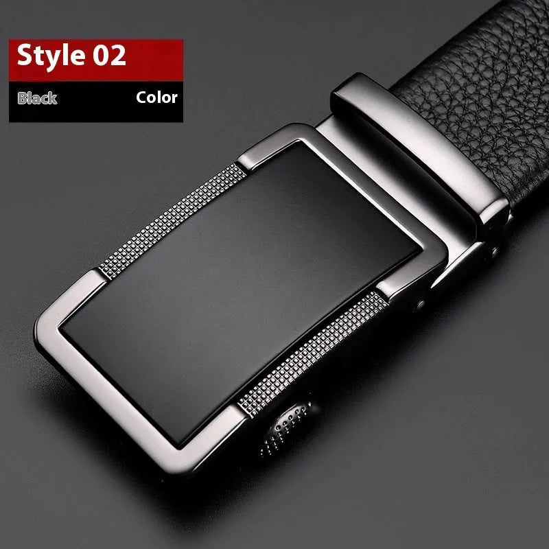 Men's automatic buckle leather belt in gun black, silver, or gold finish showing alloy buckle