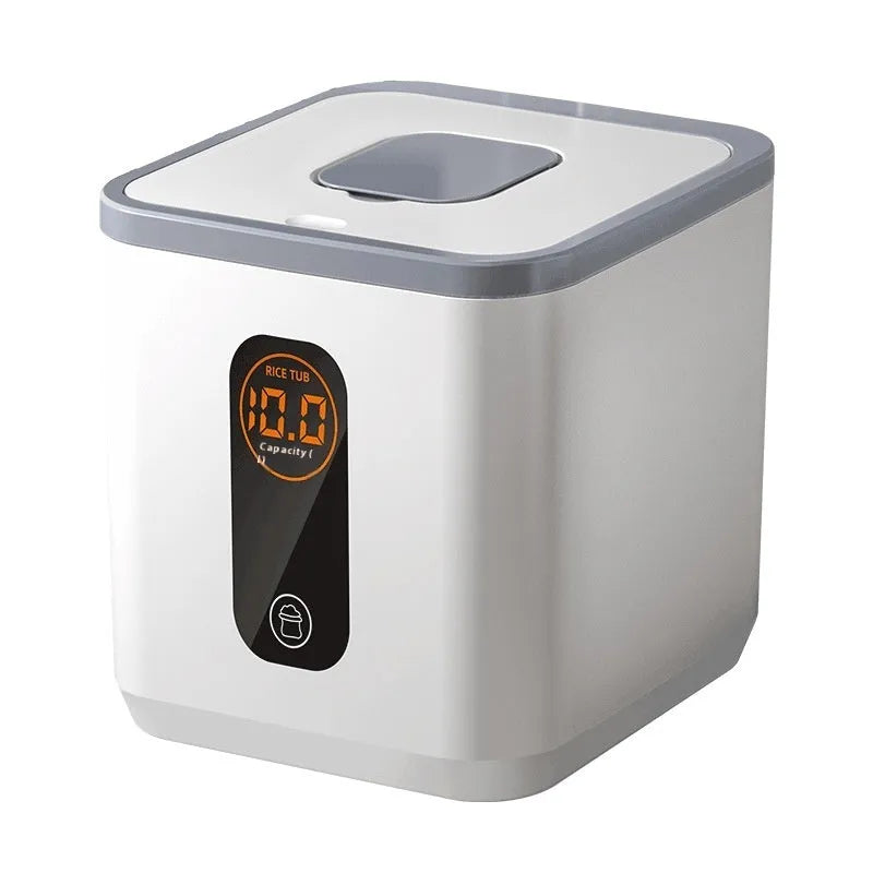 Grey plastic rice storage jar with lid and measuring cup for 10kg, 20kg, or 30kg capacity.