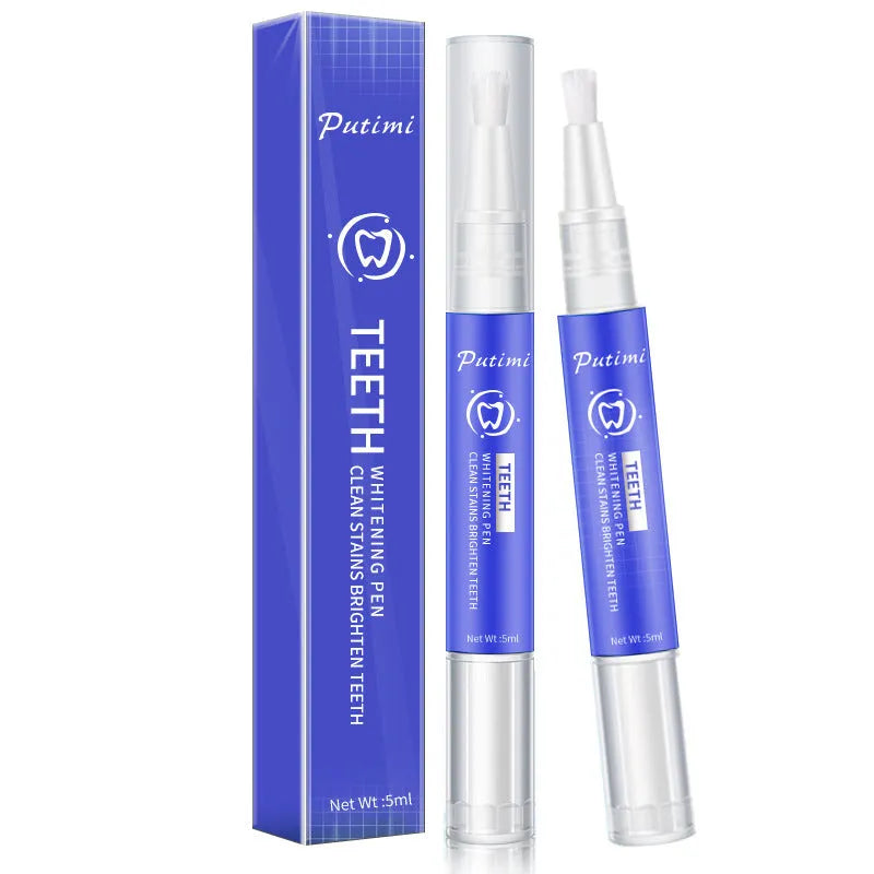 White teeth whitening pen with applicator tip on blue background