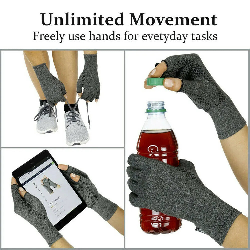 Grey half-finger joint compression gloves made from polyester trueran spandex fabric