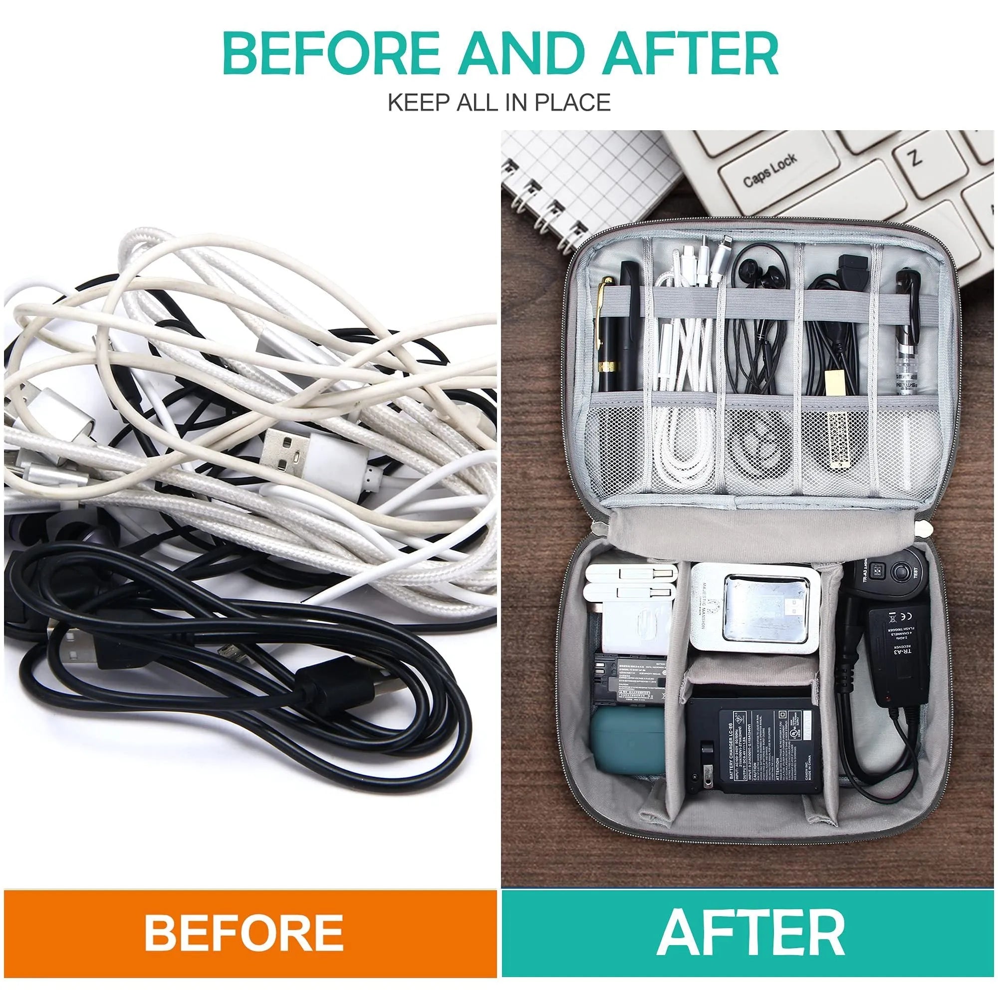 Black and grey waterproof electronics organiser bag open to show removable dividers and mesh pockets for cables.