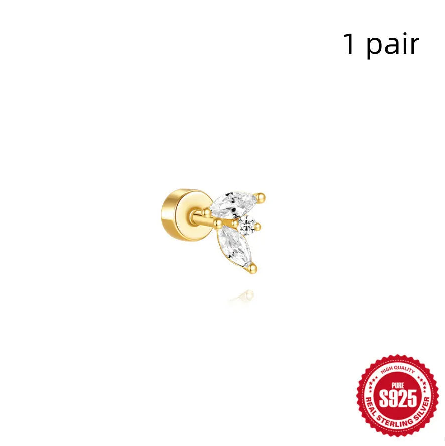 S925 sterling silver flat column thread geometric ear bone stud in a gold tone finish.