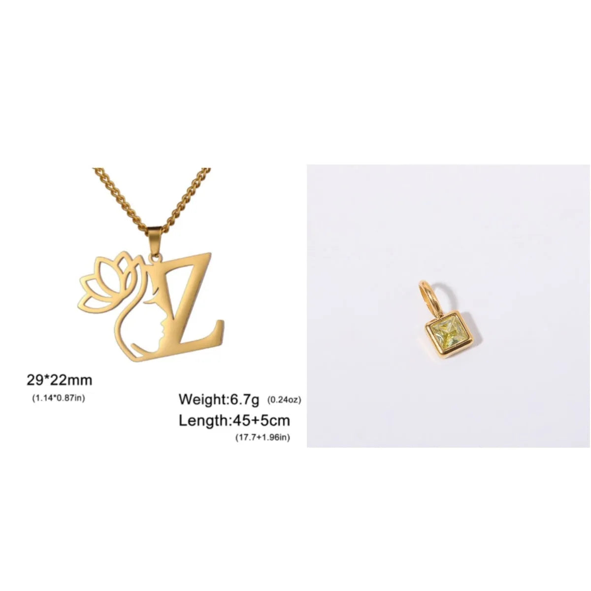 Stainless steel necklace with cross chain design and initial pendant in gold or silver finish