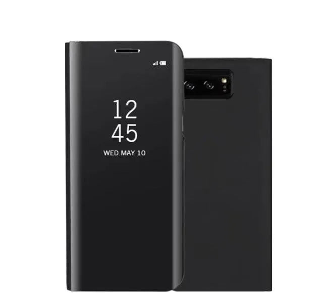 Samsung Galaxy Note20 phone case with mirror back and integrated folding stand in various colours.