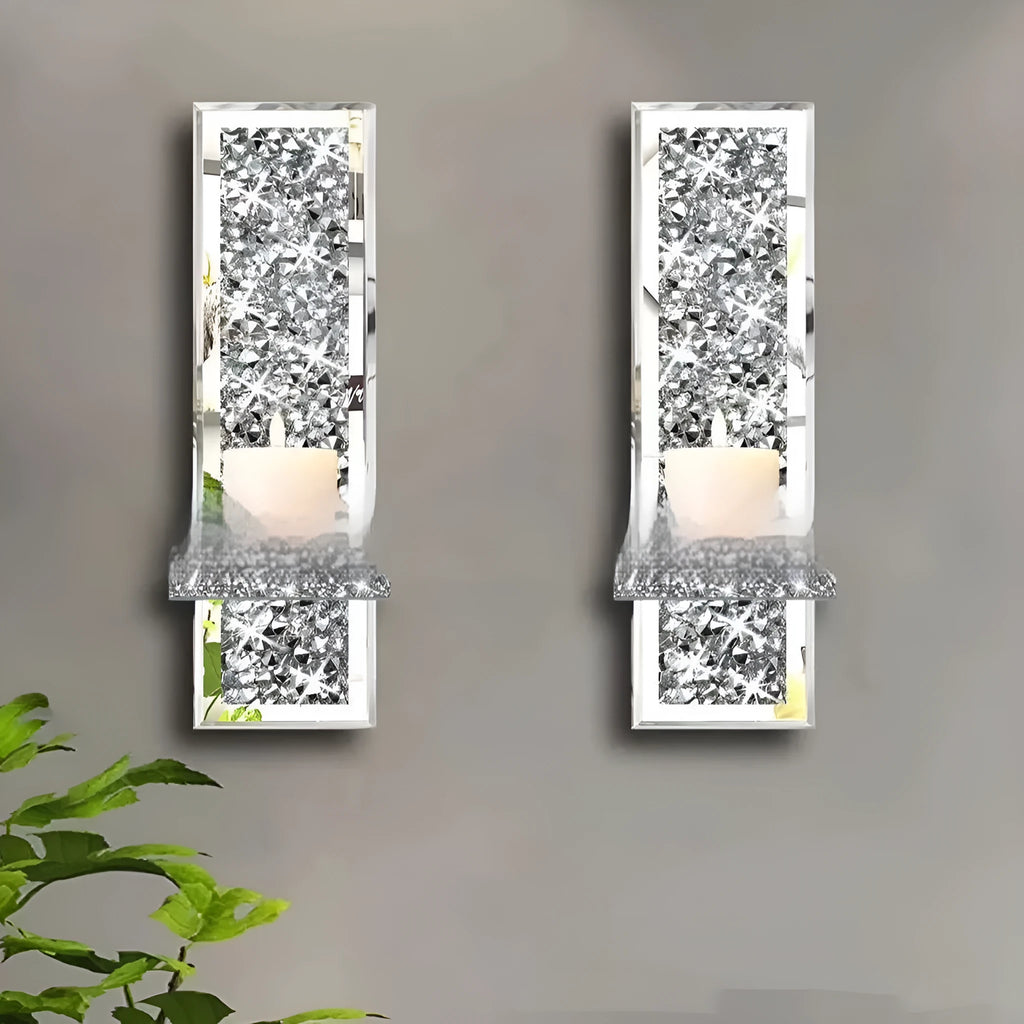 Silver mirror glass candle holder pair for wall hanging, modern crystal design