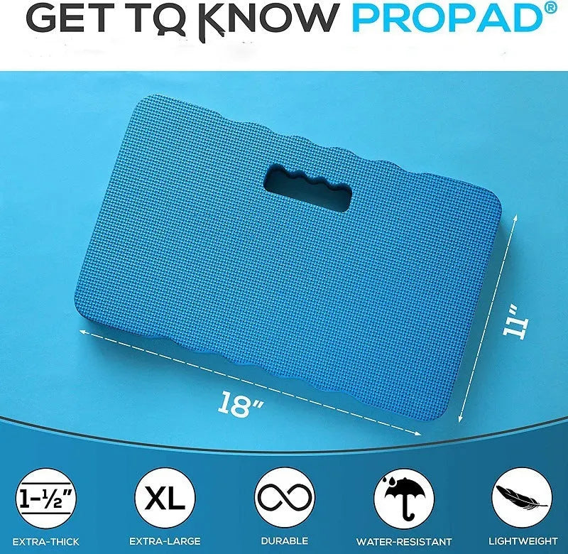 Blue EVA foam garden kneeler pad on soil, showing its 45 cm length and 4 cm thickness.