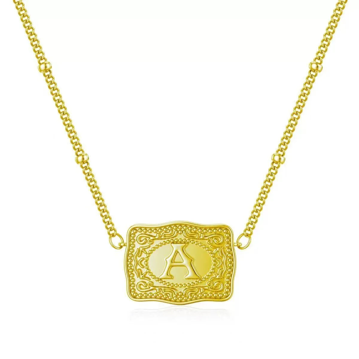 Electroplated copper letter necklace showing a gold charm on a 45 cm chain.