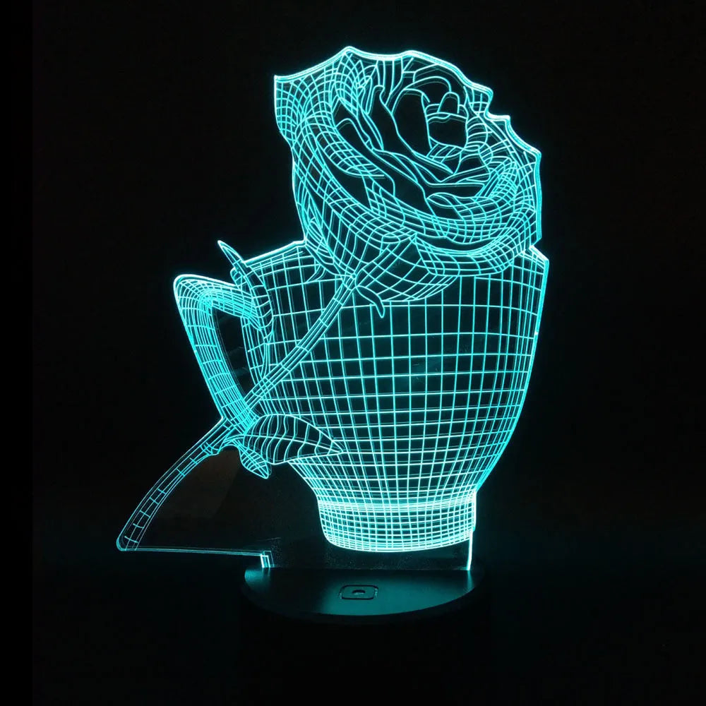 3D acrylic rose flower night light on ABS base with seven colour changing LED options.