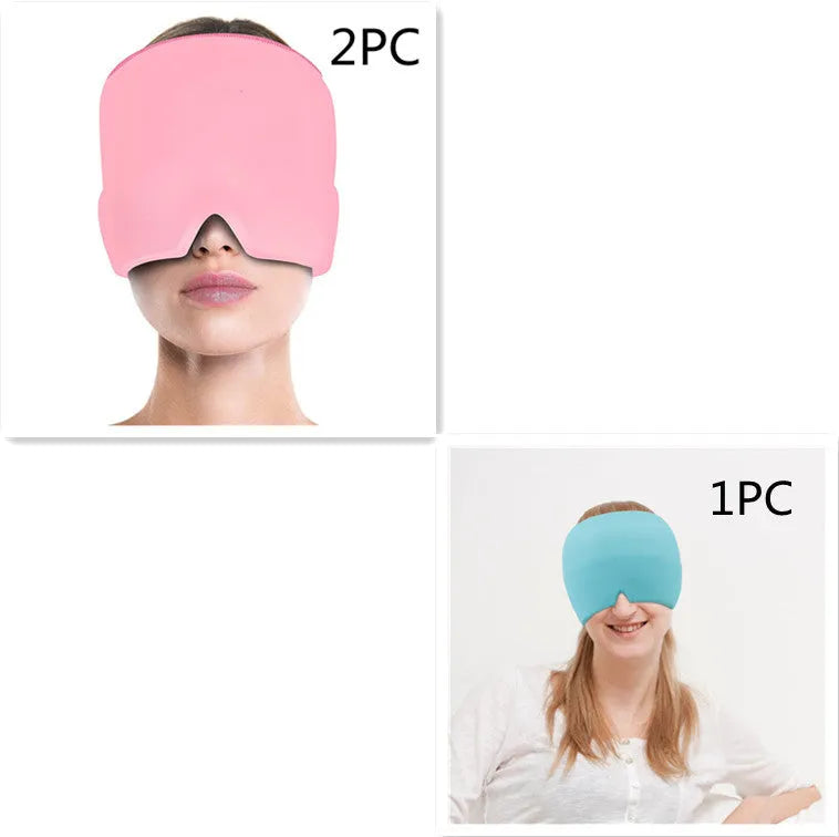 Cold therapy gel eye mask for headache relief in black colour on forehead