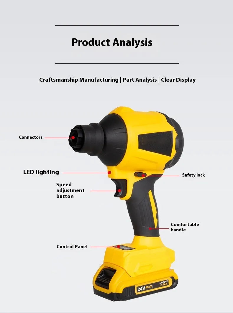 Yellow handheld cordless dust blower and inflator gun with nozzle, powered by an 18V lithium-ion battery.