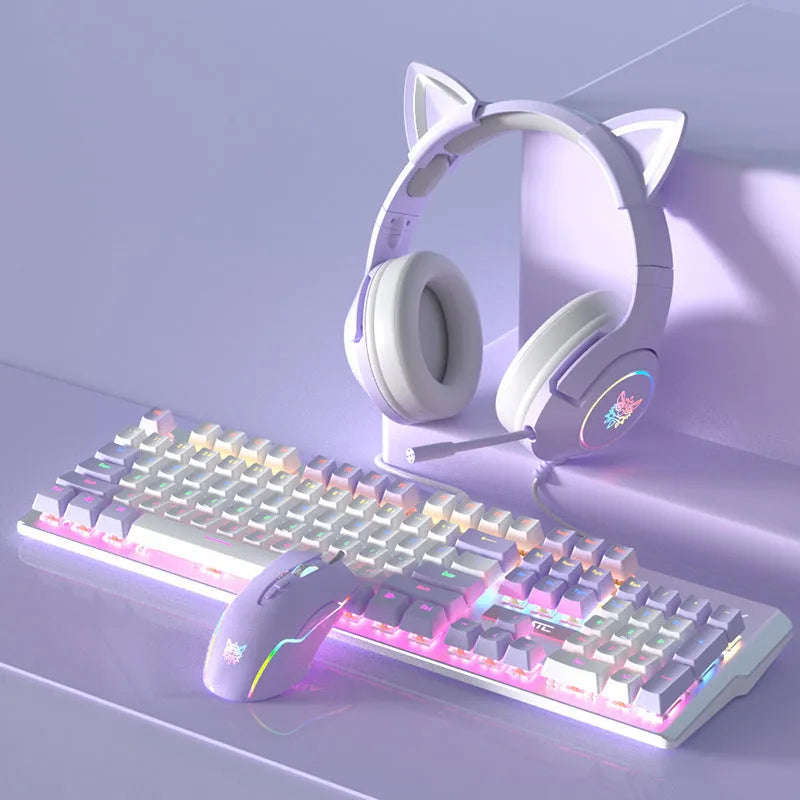 White and purple wired mechanical keyboard and mouse combo set with backlight on a desk.