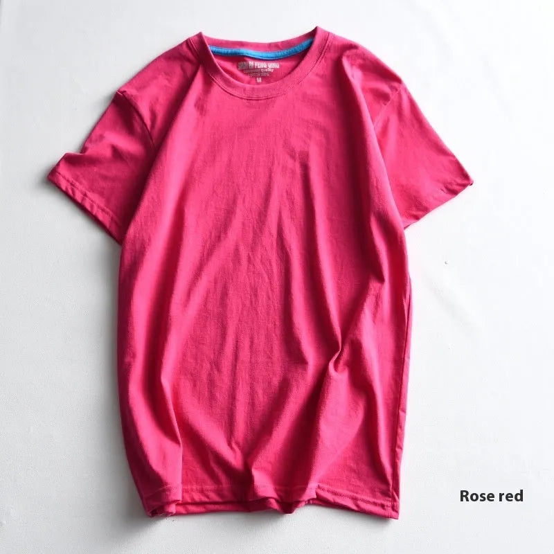 Men's solid colour cotton round neck t-shirt on hanger showing short sleeve design