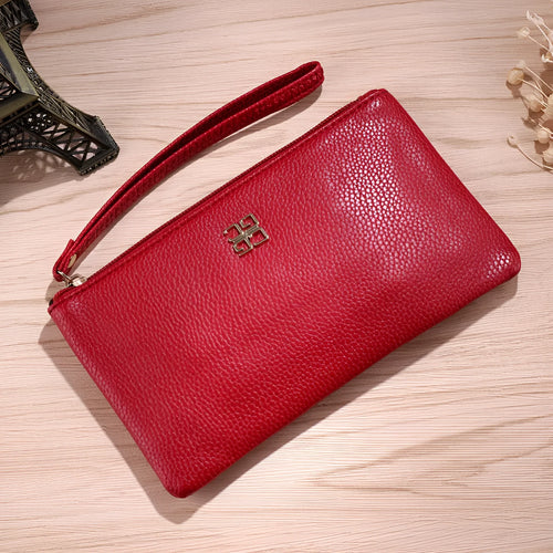 55-inch long PU leather phone wallet zipper handbag in solid colour with sewing line detailing