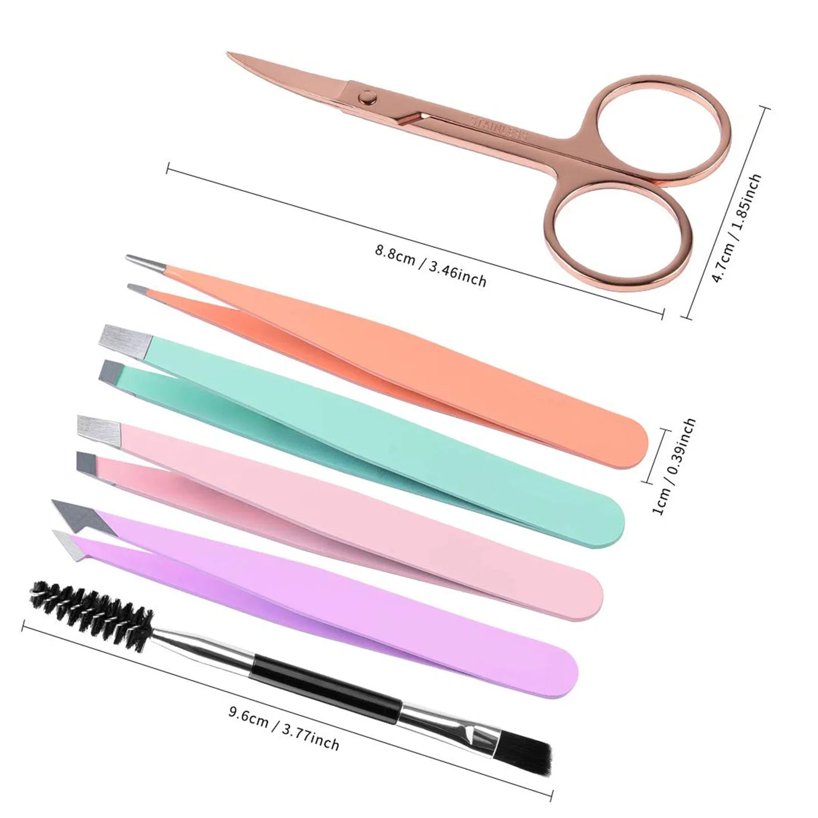 Professional 6-piece stainless steel eyebrow tweezers set with curved scissors and leather protective case