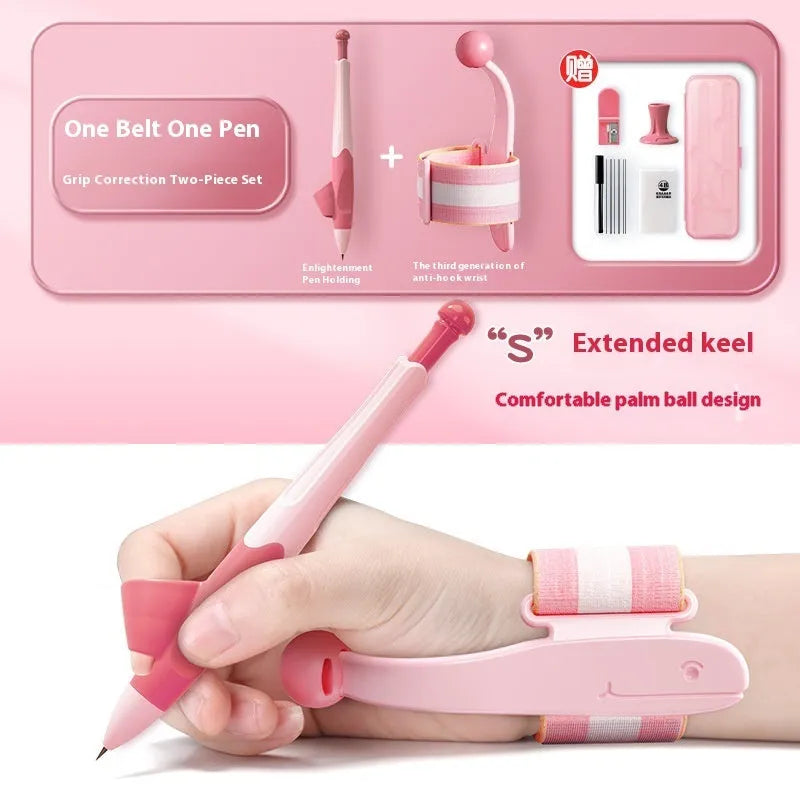 Blue anti-hook wrist brace and pen control corrector for children's writing posture on a table.