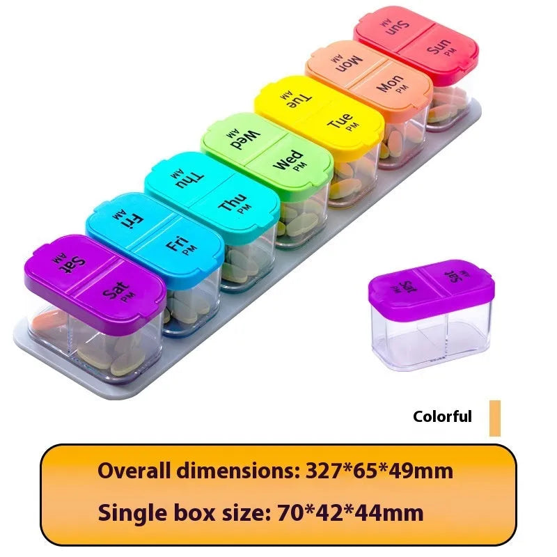 Large white and rainbow coloured plastic pill organiser box with 14 removable compartments and a dustproof lid.