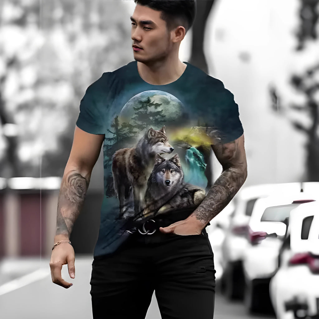 Retro 3D animal print on a men's short-sleeved light blue polyester t-shirt laid flat.